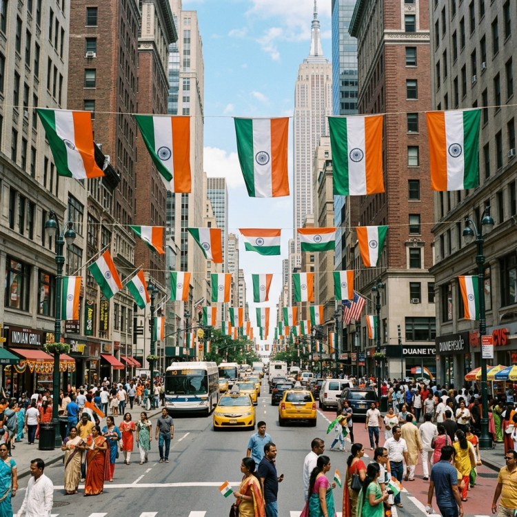 A busy street scene with people celebrating, adorned with Indian flags hanging across the street, prominently featuring the Empire State Building in the background.