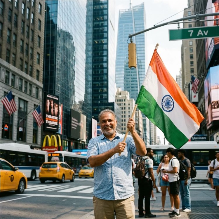A man stands in a busy city intersection holding an Indian flag, surrounded by tall buildings and people walking by.