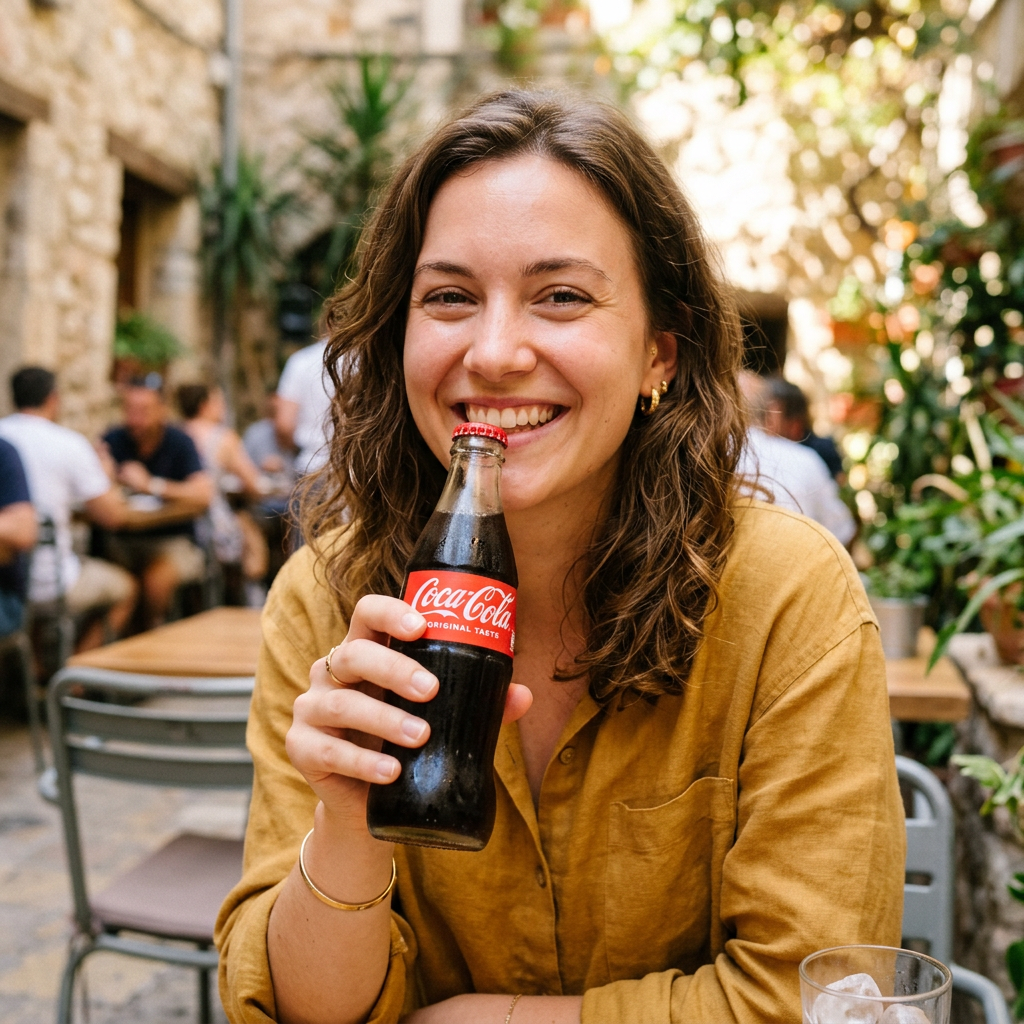 Smiling woman holding a Coca-Cola bottle at an outdoor café