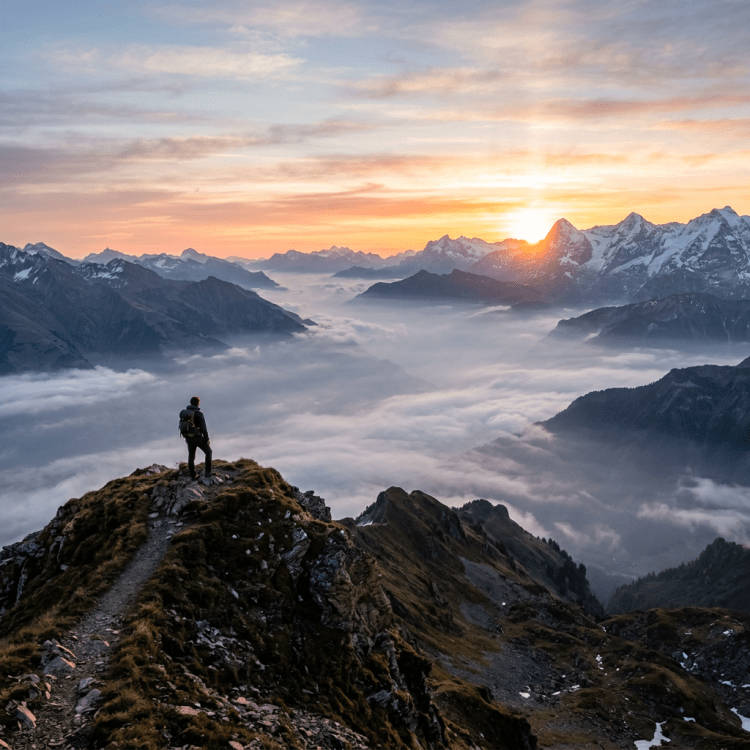 Hiker standing on a rocky ridge above cloud-filled snow-capped mountains