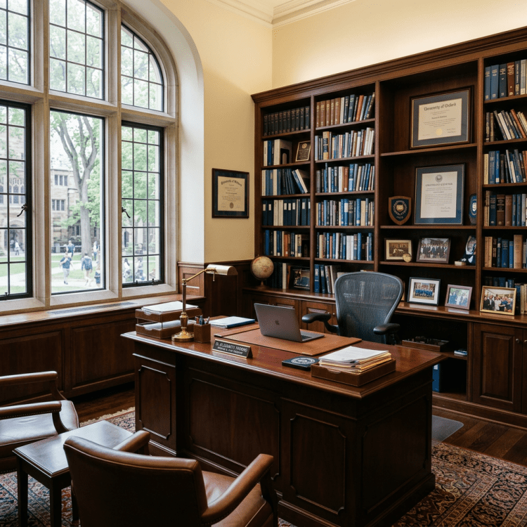 Wood-paneled academic office with desk, bookshelves, diplomas, and large windows
