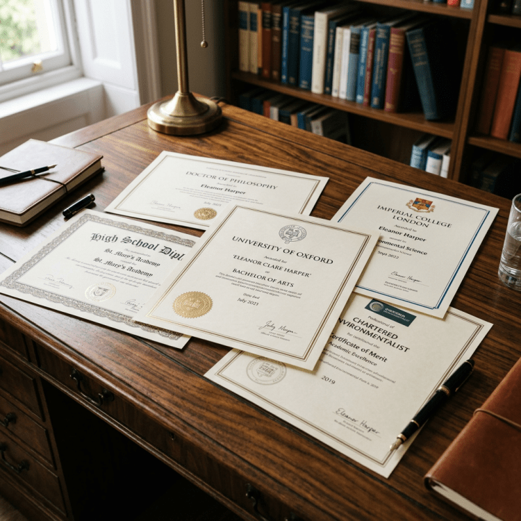 Diplomas for Eleanor Harper, including Oxford Bachelor of Arts, Imperial College London science degree, high school diploma, and honors certificate.